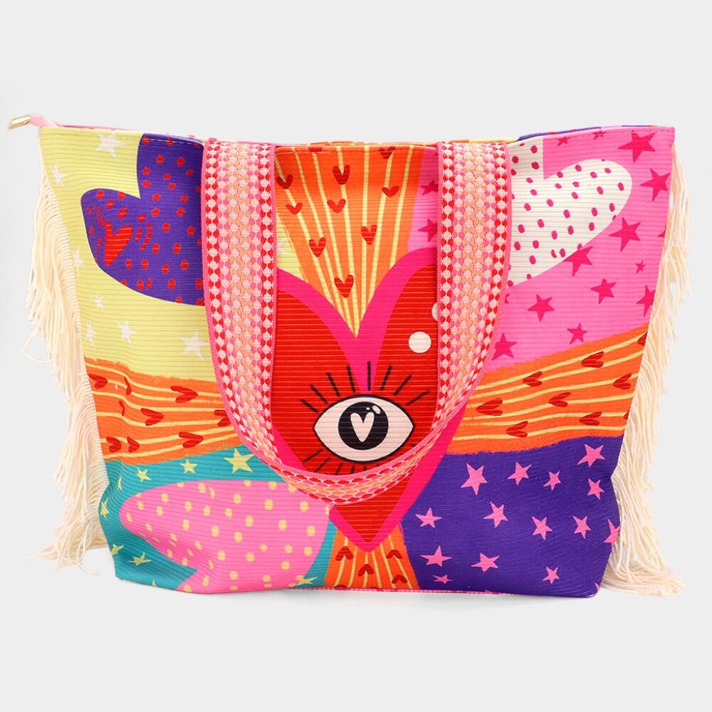 Tassel Trim Boho Evil Eye Heart Pointed Tote Bag / Shoulder Bag NEW NWT